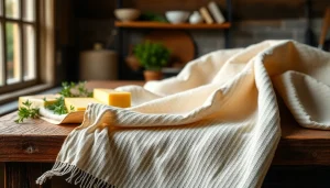 Gebruik van kaasdoek voor het maken van verse kaas op een houten tafel met kruiden.