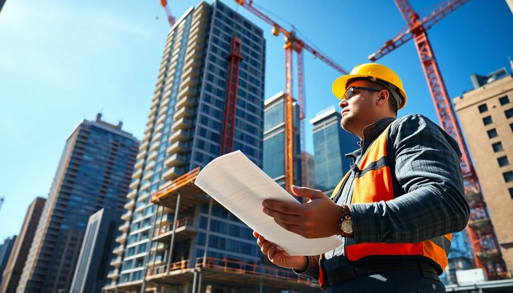 Engaged New York City Commercial General Contractor analyzing blueprints on a busy construction site.