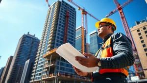 Engaged New York City Commercial General Contractor analyzing blueprints on a busy construction site.