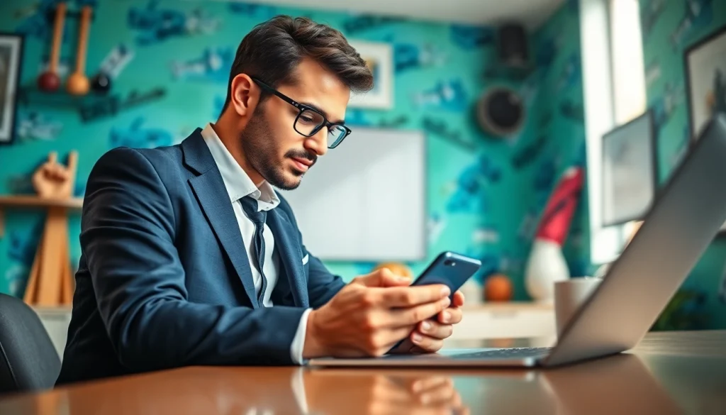 Engaged user navigating online sportsbooks India on a smartphone surrounded by sports memorabilia.