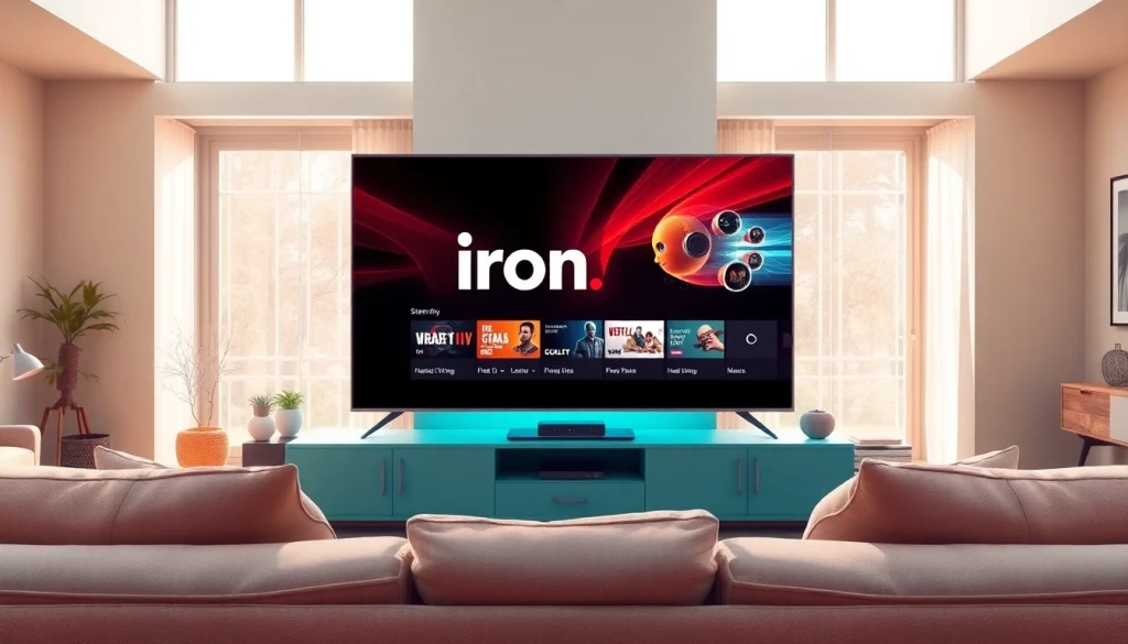 View of a stylish living room with a flat-screen iron tv streaming vibrant content.