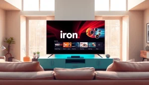 View of a stylish living room with a flat-screen iron tv streaming vibrant content.