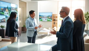 Real Estate agent engaging clients in a bright office environment showcasing property listings.