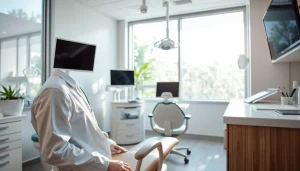 Dentist performing a check-up in a welcoming dental office setting, featuring modern equipment.
