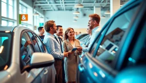 Buy a car at a vibrant dealership with customers exploring diverse vehicle options.