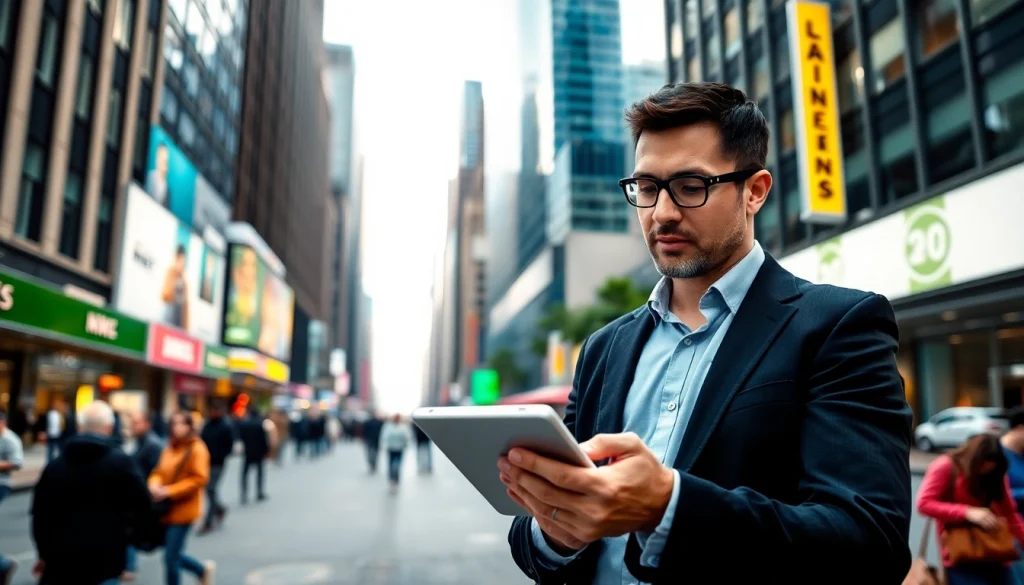 Search for new york jobs in a vibrant NYC landscape with a focused job seeker using a tablet.