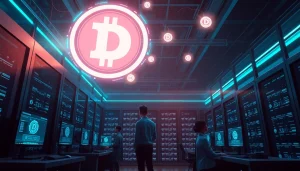 Visual representation of Dogecoin cloud mining in a high-tech data center with glowing symbols and professionals.