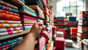 Katoen stoffen selecteren in een sfeervolle stoffenwinkel met heldere kleuren.
