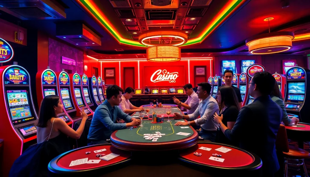 Players enjoying games at an online casino Canada with vibrant lights and a lively atmosphere.