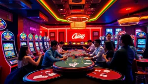 Players enjoying games at an online casino Canada with vibrant lights and a lively atmosphere.
