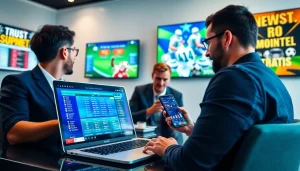 Engaged bettors analyzing online sportsbooks Oklahoma with vibrant interfaces in a modern setting.