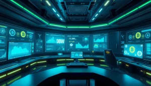 Dogecoin cloud mining profit visualization with futuristic AI interfaces and renewable energy elements.