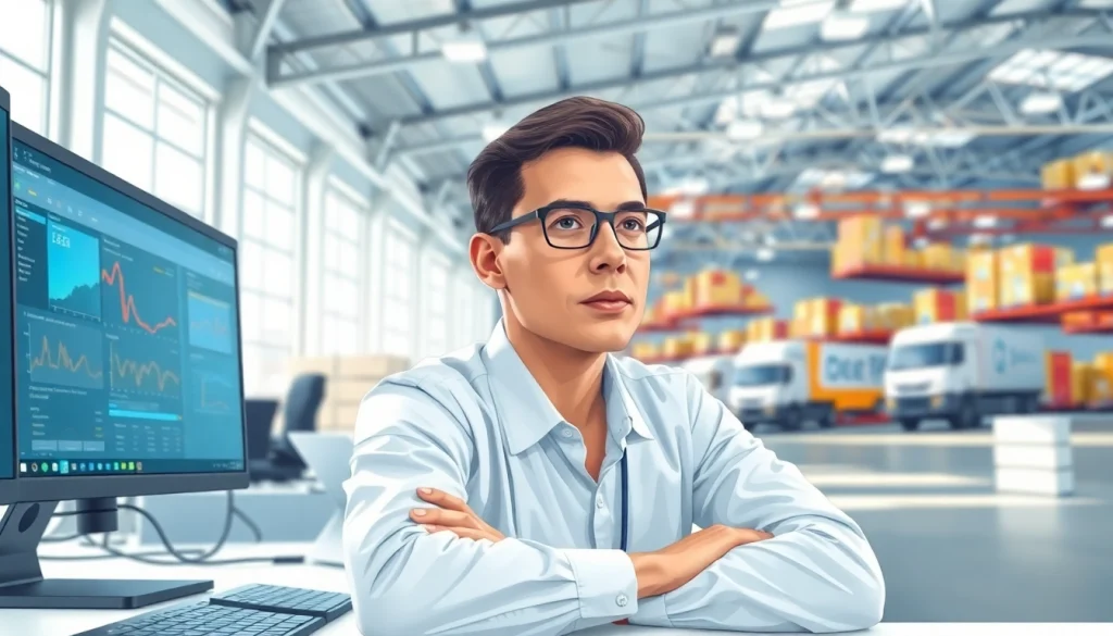 Logistics analyst managing inventory in a high-tech shipping facility.