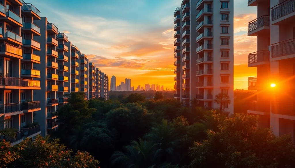 Visualize the vibrant Tampines EC development surrounded by lush greenery at sunset.