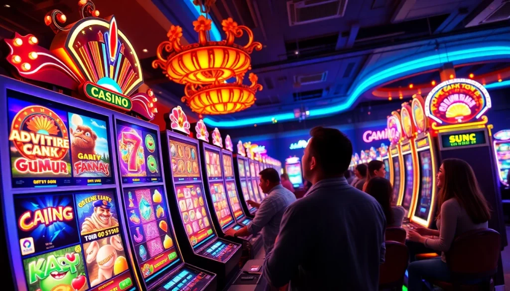 Exciting atmosphere of hoki138 pro online casino with vibrant slot machines and players.