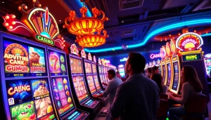 Exciting atmosphere of hoki138 pro online casino with vibrant slot machines and players.