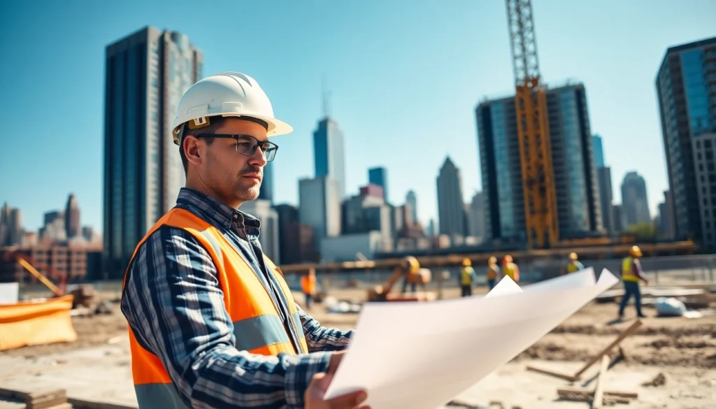 Manhattan Construction Manager analyzing blueprints with urban skyline backdrop.