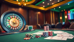 Experience แทงบอลโลก betting excitement at a luxurious casino with vibrant tables and professional setups.