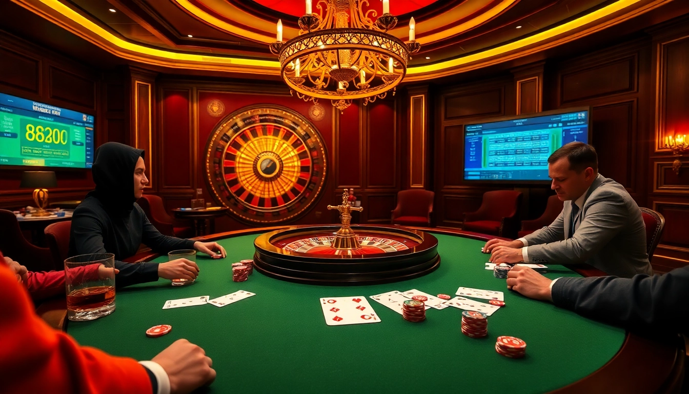 High-stakes poker action at 98win3h.blog featuring colorful chips and an elegant roulette wheel.