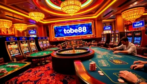 Tobet88 players enjoying a thrilling casino experience with vibrant cards and enthusiastic action.