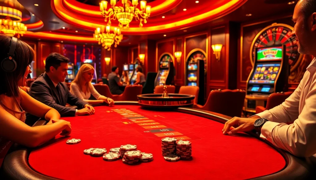 Engaged players strategize in an MMOO-themed high-stakes casino poker game surrounded by vibrant slot machines.