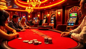 Engaged players strategize in an MMOO-themed high-stakes casino poker game surrounded by vibrant slot machines.