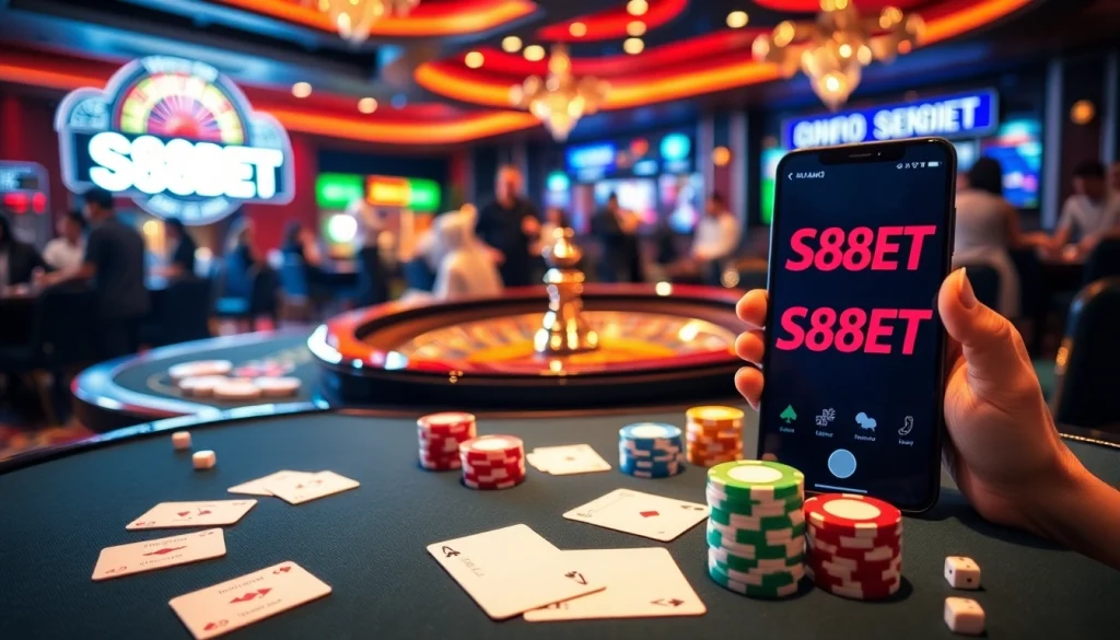 S88BET players enjoying a high-stakes poker game at an upscale casino.