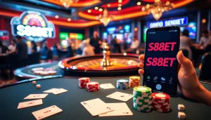 S88BET players enjoying a high-stakes poker game at an upscale casino.