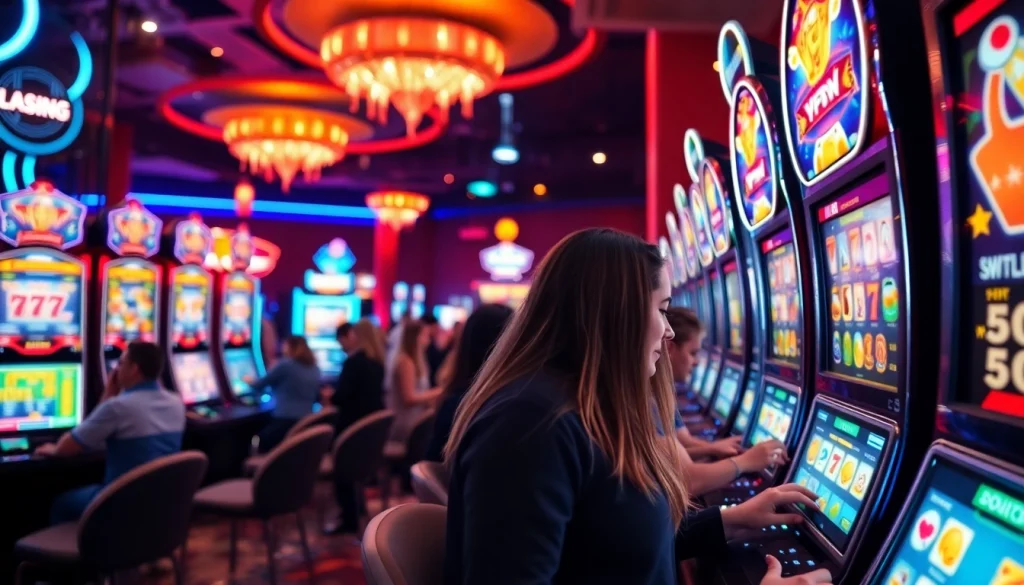 Menampilkan suasana slot depo 1k yang meriah dengan mesin slot dan pemain yang bersemangat.