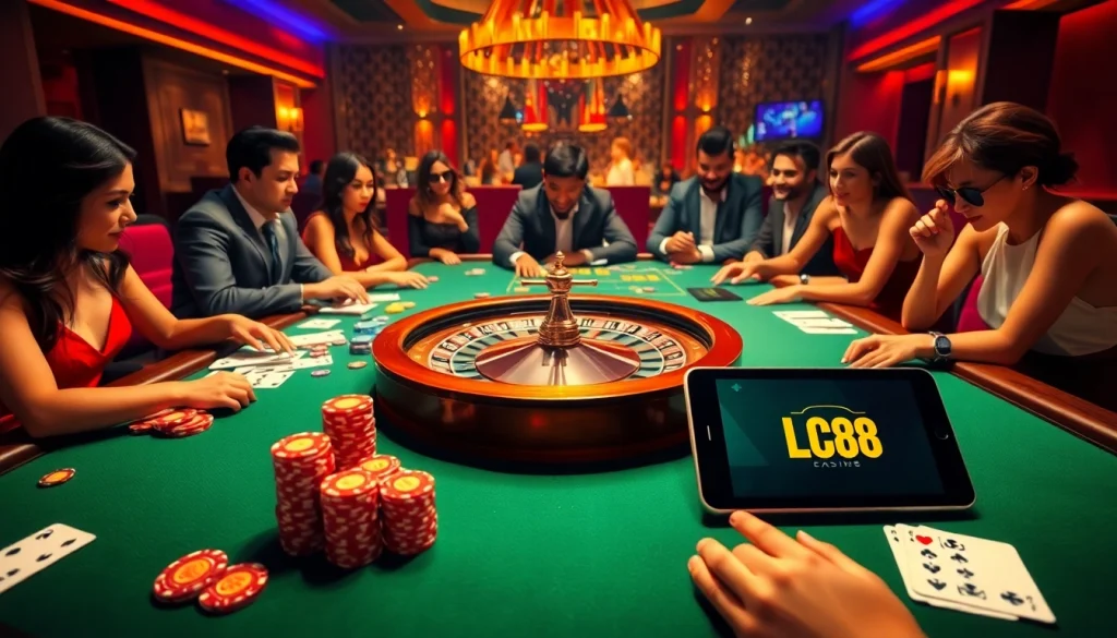 Players enjoying a thrilling game experience at LC88 casino, showcasing vibrant gambling elements.