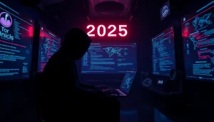 The hidden wiki showcased with a shadowy figure at a laptop, exploring dark web links in 2025.