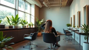 Aveda salon San Diego with a modern interior, lush plants, and a stylist applying highlights.