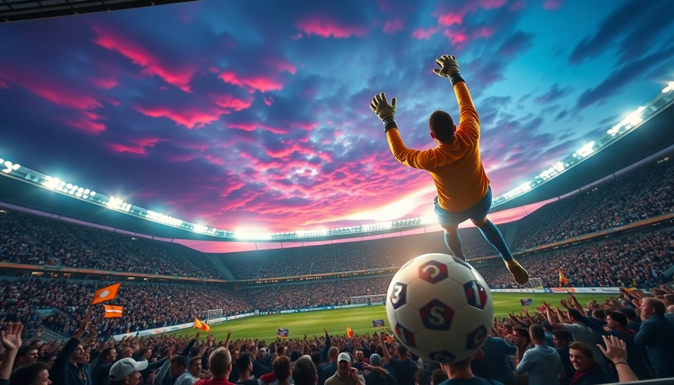 Action-packed scene of ทรรศนะบอลวันนี้ showcasing a goalkeeper's impressive save during a dynamic soccer match.