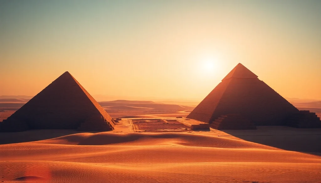 View of magnificent piraminds under a bright sky casting dramatic shadows.