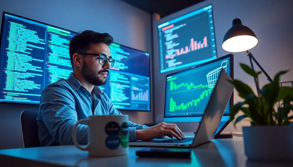 Professional software engineer coding in a modern workspace with e-commerce analytics on screens.