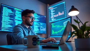 Professional software engineer coding in a modern workspace with e-commerce analytics on screens.