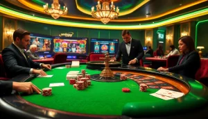 ulasan naga169 engaging gamblers at a luxurious casino table with poker chips and cards.