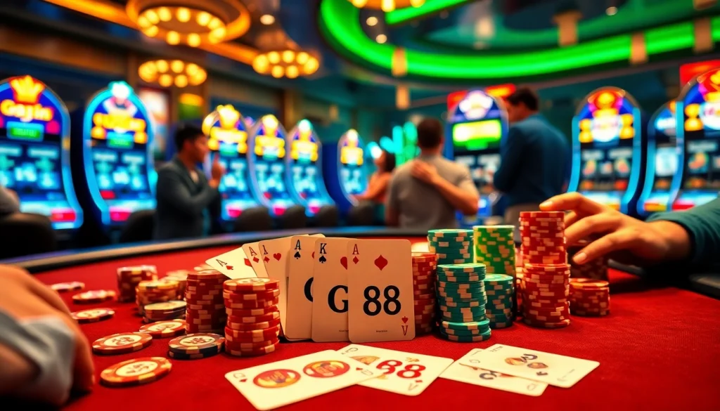 Engaging players at a GO88-themed casino table with cards, chips, and slot machines.