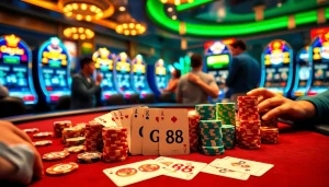 Engaging players at a GO88-themed casino table with cards, chips, and slot machines.