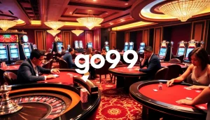 Exciting gambling scene at go99 casino with players at poker and roulette tables.