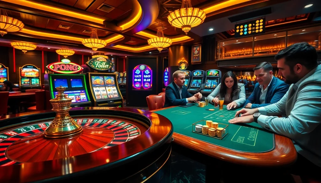 The electrifying atmosphere of a top club casino featuring roulette, poker, and vibrant slot machines.