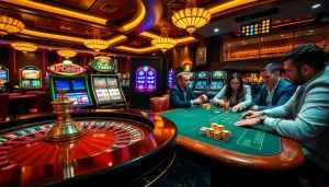 The electrifying atmosphere of a top club casino featuring roulette, poker, and vibrant slot machines.