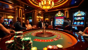 MK8 players engaging in lively bets at a vibrant roulette table in a luxury casino.