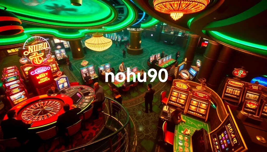 NoHu90 casino scene featuring vibrant tables, cards, and players enjoying thrilling gambling action.