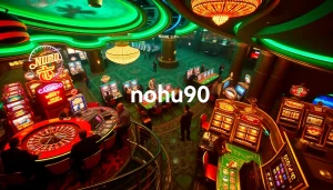 NoHu90 casino scene featuring vibrant tables, cards, and players enjoying thrilling gambling action.