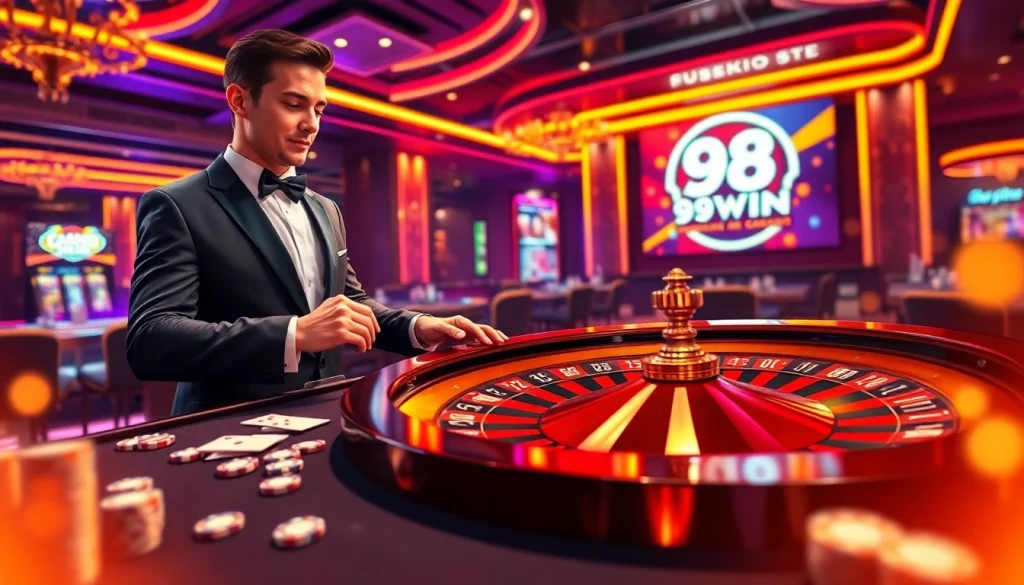 Experience the excitement of 98WIN with virtual roulette and high-stakes betting in a luxury casino setting.