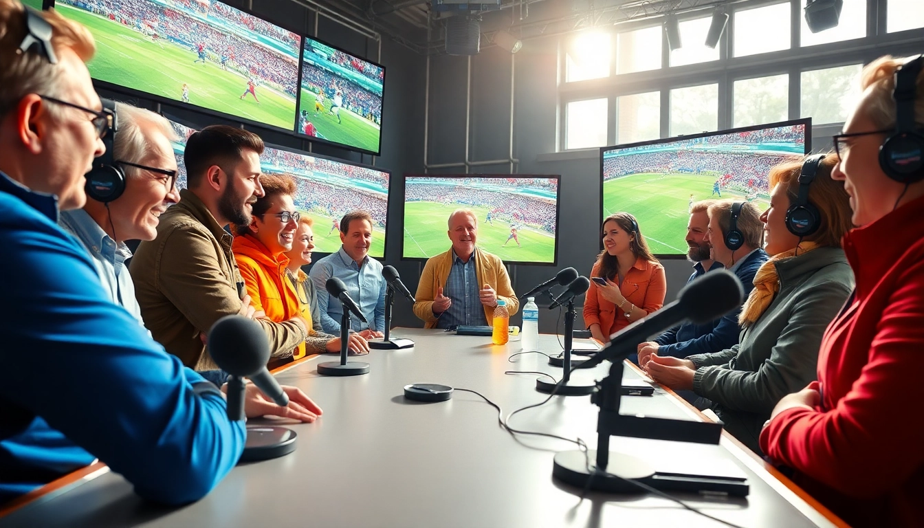 Experienced commentators engaging passionately in Sports Broadcasting at a live studio.