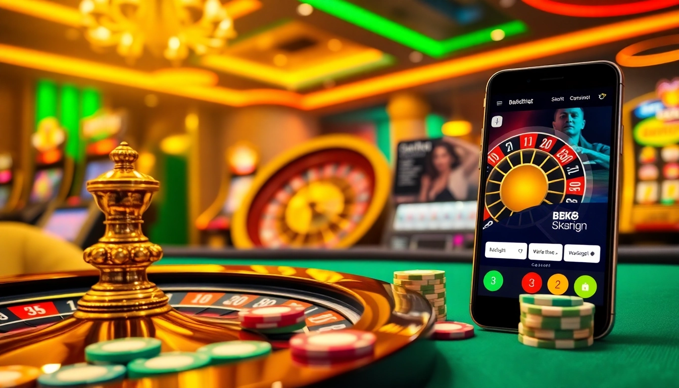 Exciting casino gaming scene featuring bk8thai with vibrant chips, cards, and a roulette wheel.