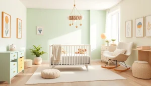 Stylish nursery setup featuring MMOO-branded baby products in a modern pastel color palette.