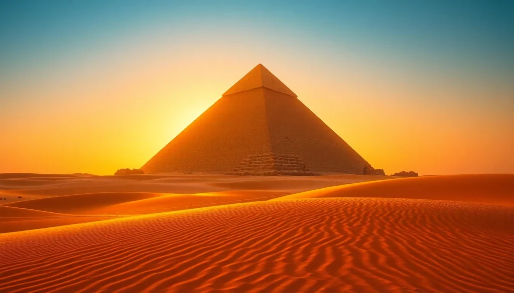 Discover the Great Pyramid of Giza at https://piraminds.com/ showcasing its majestic structure against a sunset.